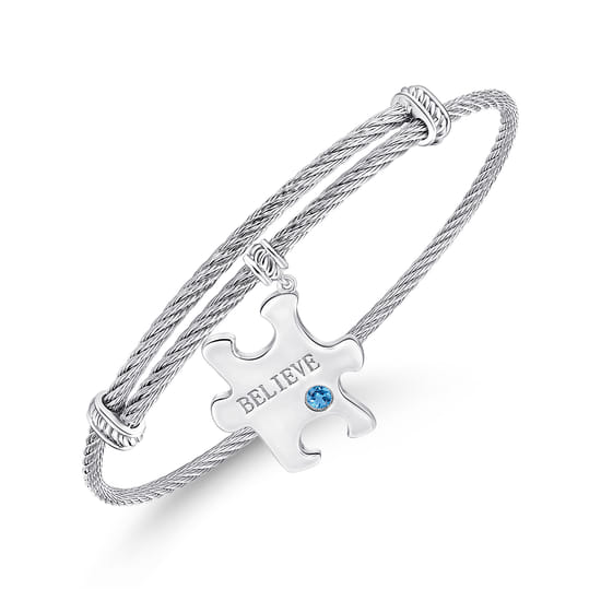 Adjustable Twisted Cable Stainless Steel Bangle with Sterling Silver Blue Topaz Puzzle Piece Charm angle 2 Adjustable Twisted Cable Stainless Steel Bangle with Sterling Silver Blue Topaz Puzzle Piece Charm angle 2