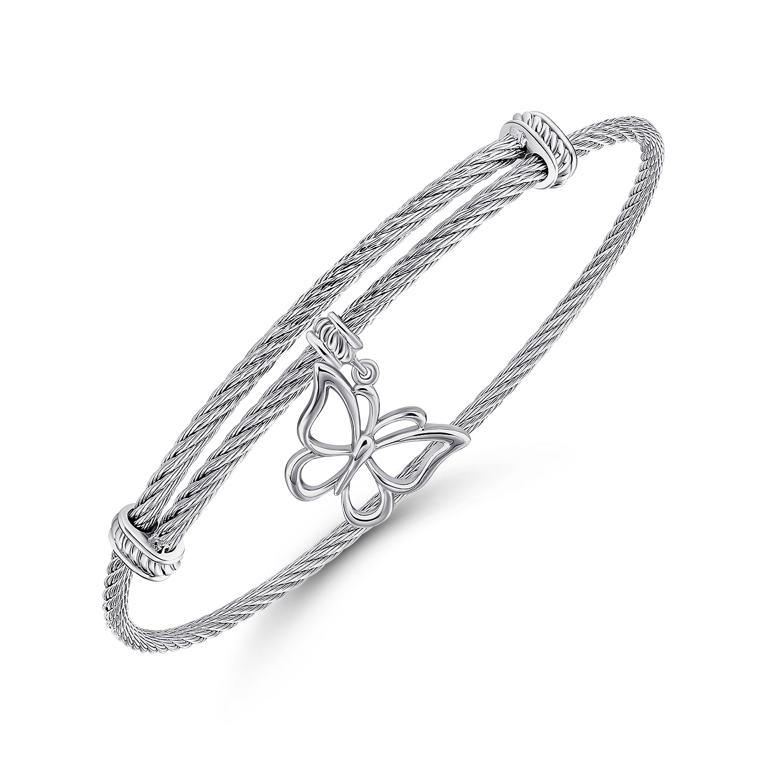 Adjustable Twisted Cable Stainless Steel Bangle with Sterling Silver Butterfly Charm