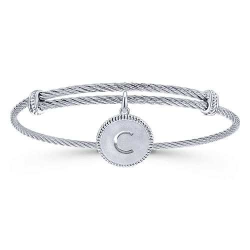 Adjustable Twisted Cable Stainless Steel Bangle with Sterling Silver C Initial Charm