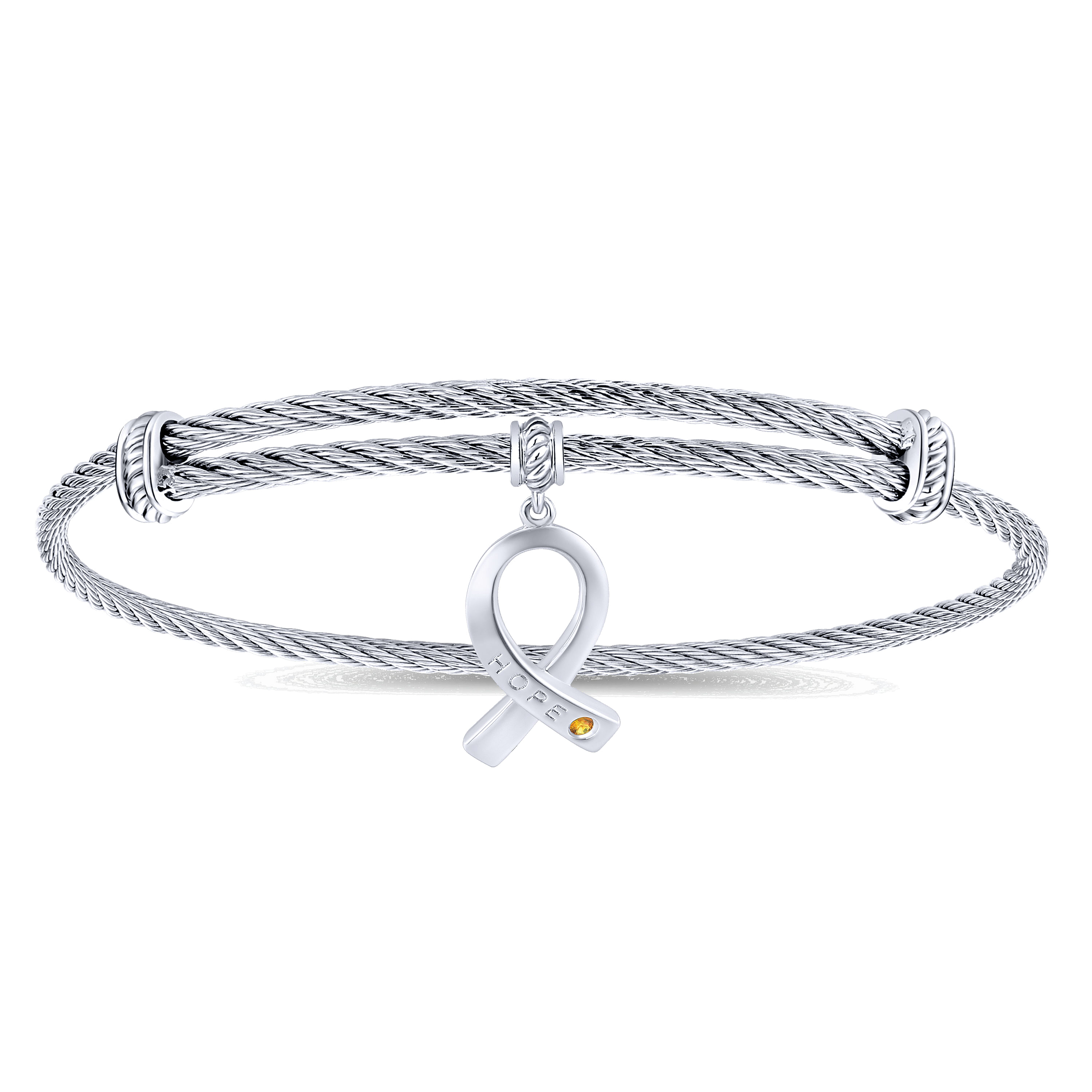 Adjustable Twisted Cable Stainless Steel Bangle with Sterling Silver Citrine Breast Cancer Charm