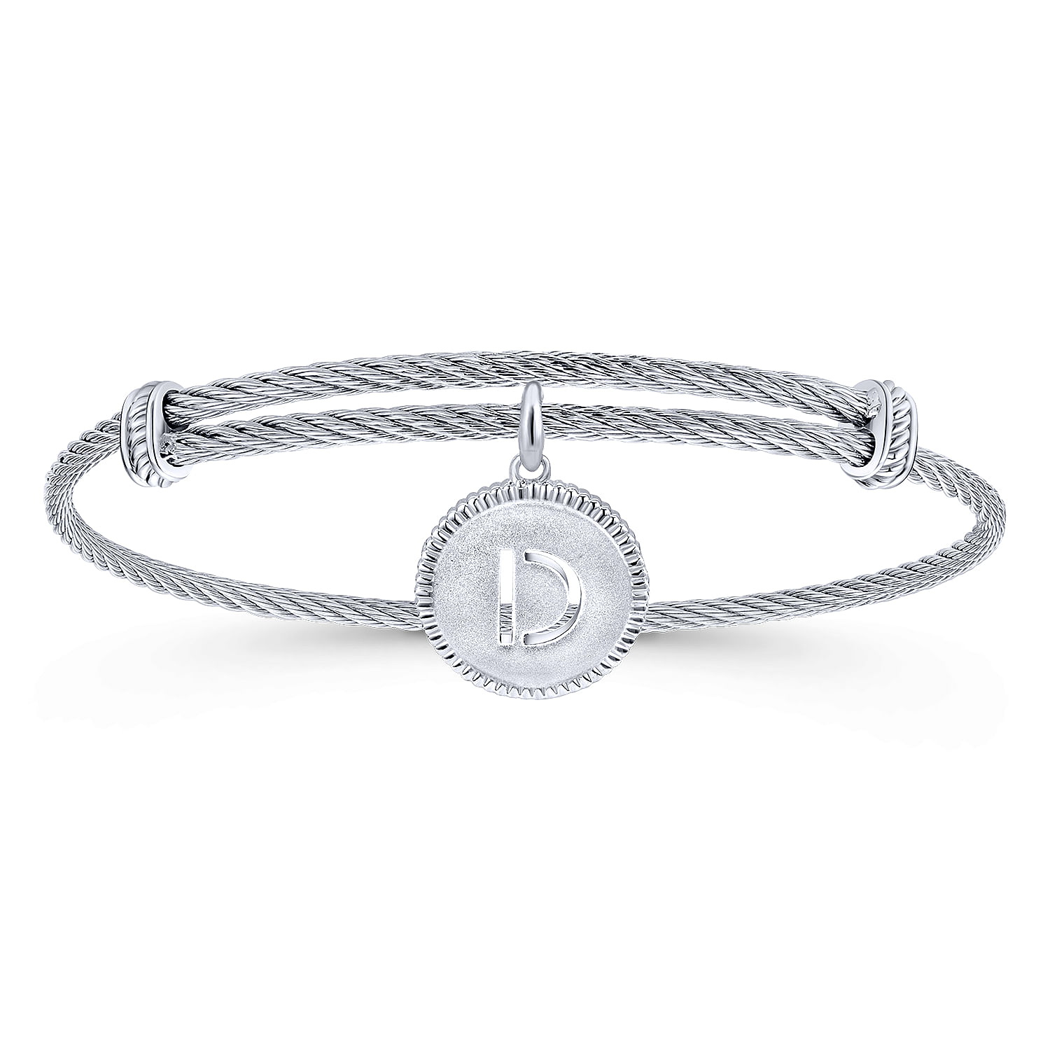 Adjustable Twisted Cable Stainless Steel Bangle with Sterling Silver D Initial Charm