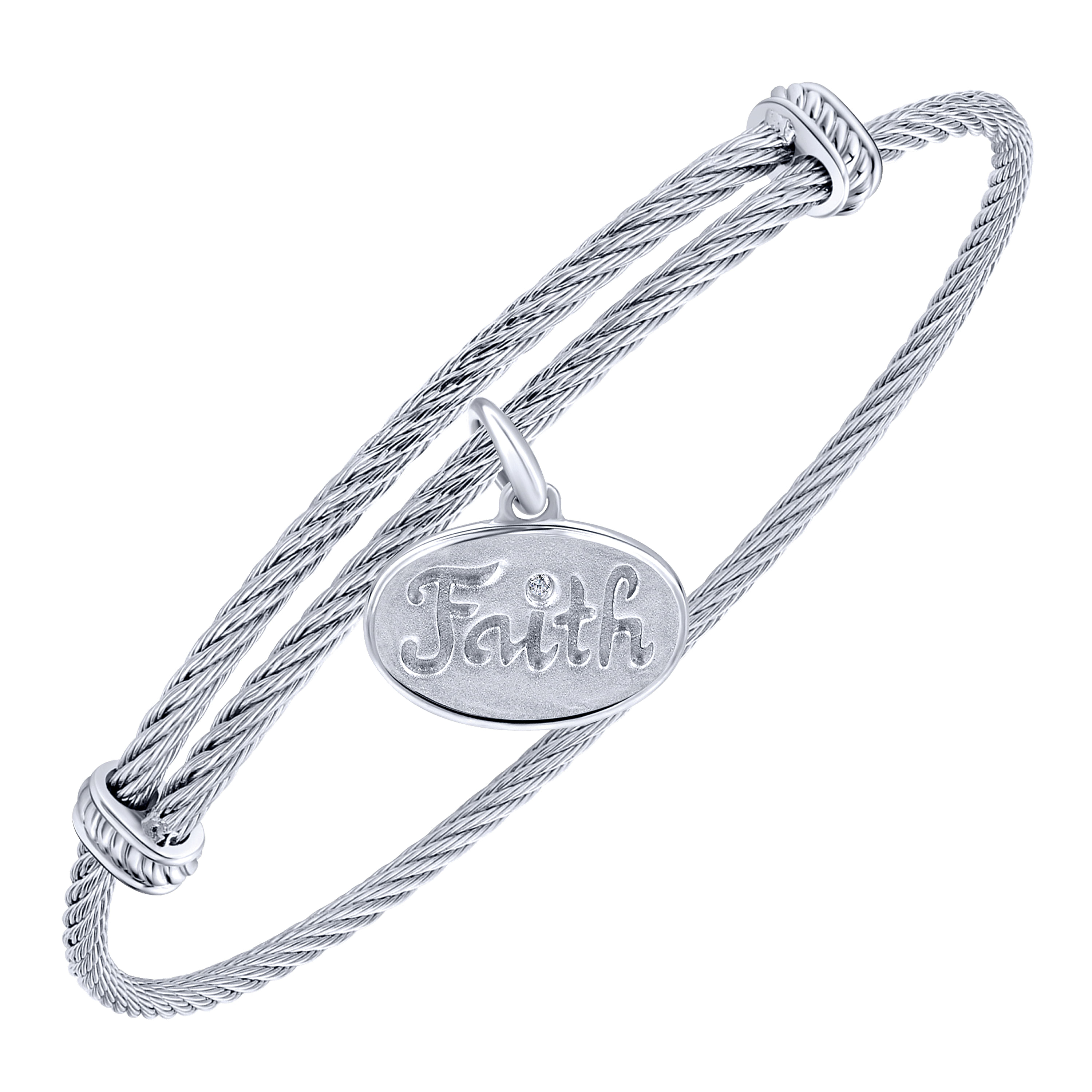 Adjustable Twisted Cable Stainless Steel Bangle with Sterling Silver Diamond Faith Charm