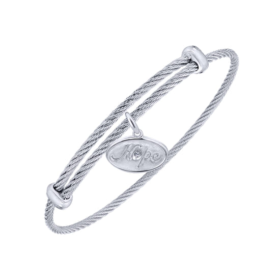 Adjustable Twisted Cable Stainless Steel Bangle with Sterling Silver Diamond Hope Charm angle 2