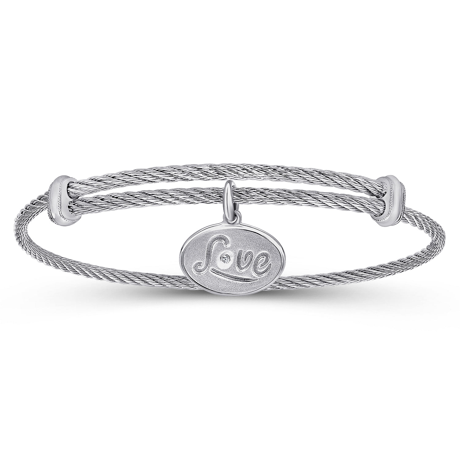 Adjustable Twisted Cable Stainless Steel Bangle with Sterling Silver Diamond Love Charm