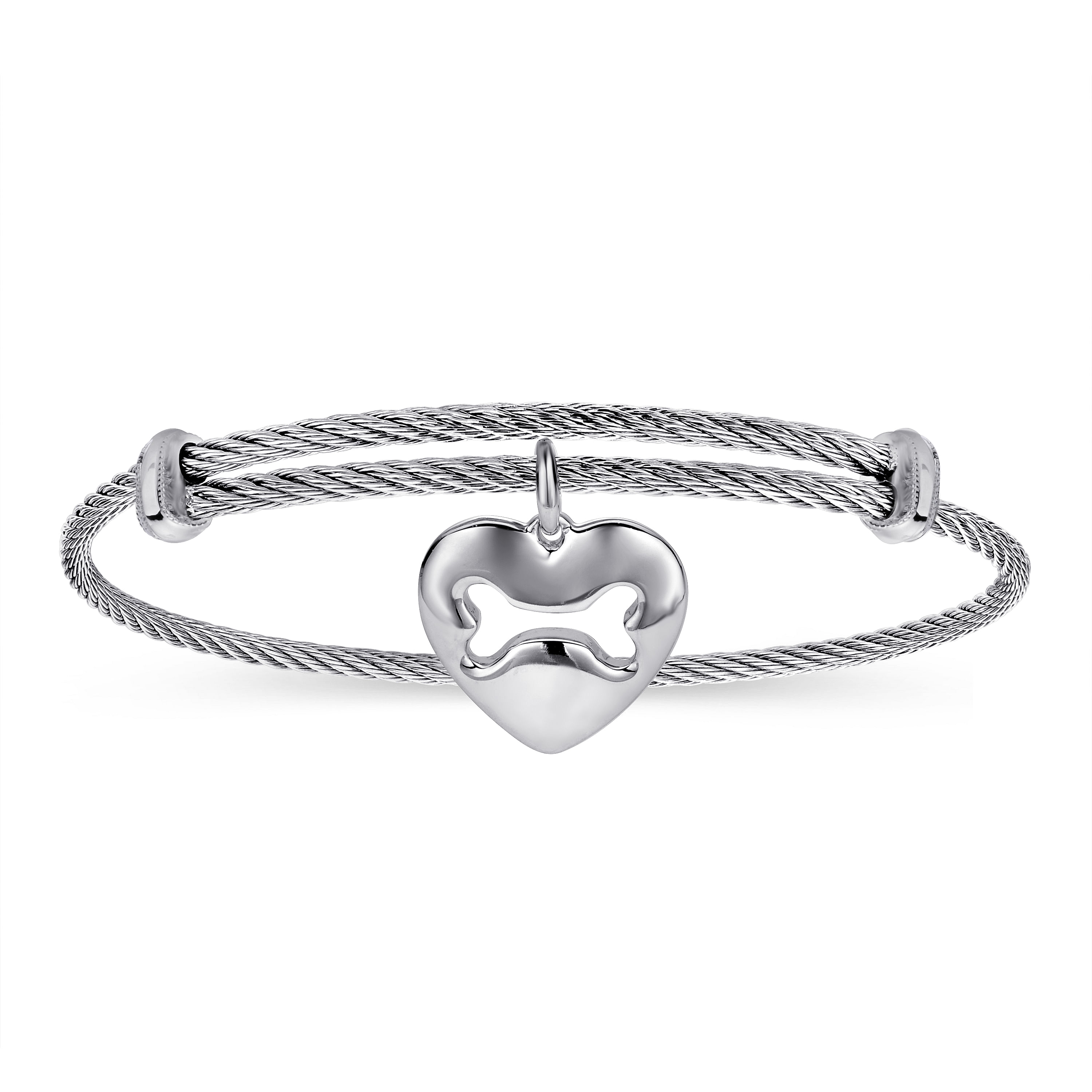 Adjustable Twisted Cable Stainless Steel Bangle with Sterling Silver Doggy Bone Charm