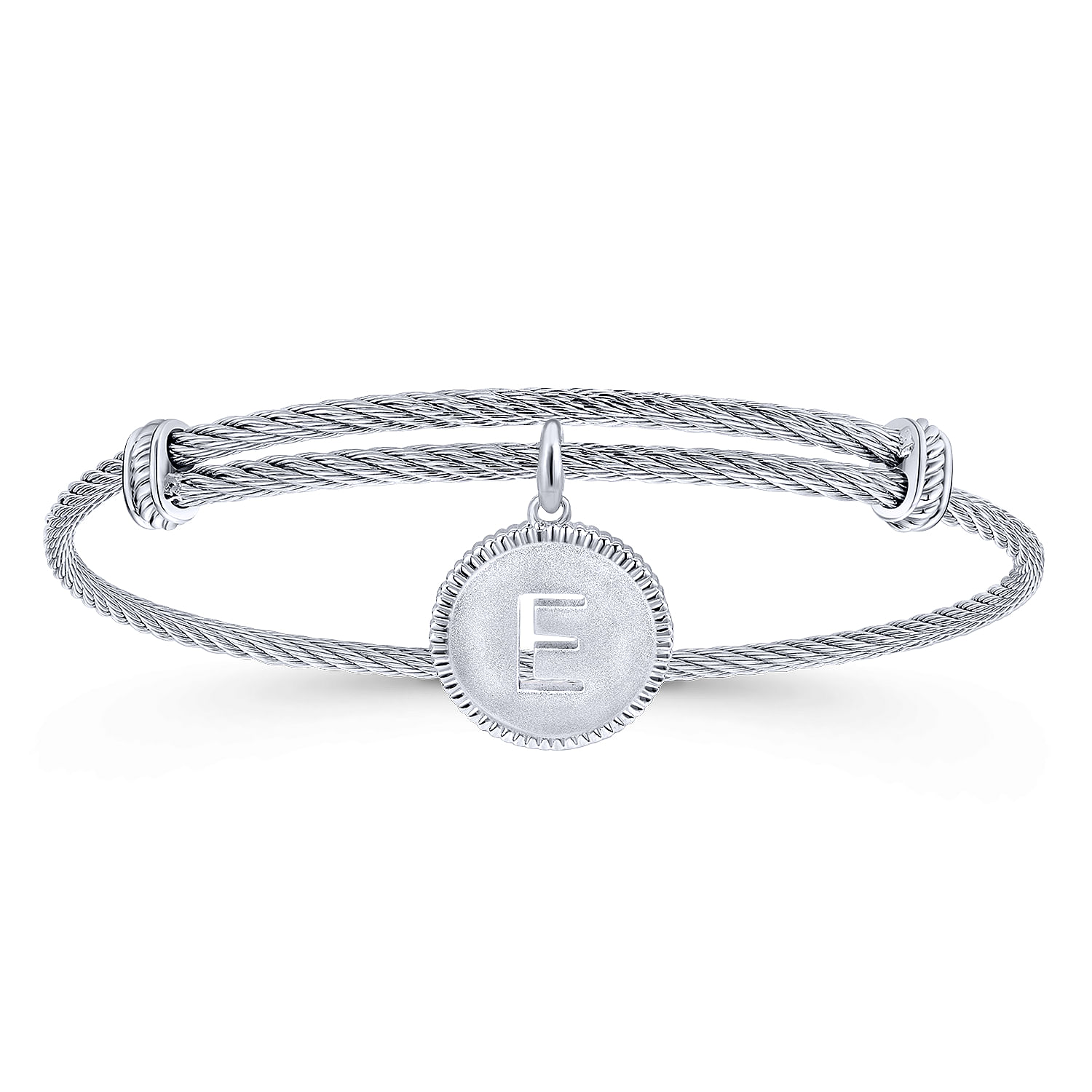 Adjustable Twisted Cable Stainless Steel Bangle with Sterling Silver E Initial Charm