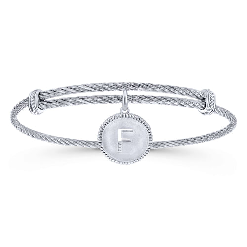 Adjustable Twisted Cable Stainless Steel Bangle with Sterling Silver F Initial Charm