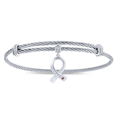 Adjustable Twisted Cable Stainless Steel Bangle with Sterling Silver Garnet Breast Cancer Charm