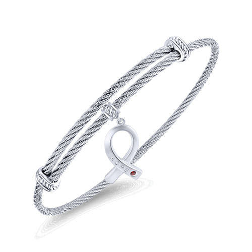 Adjustable Twisted Cable Stainless Steel Bangle with Sterling Silver Garnet Breast Cancer Charm