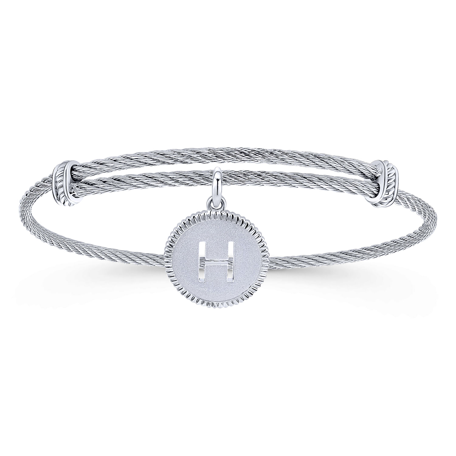 Adjustable Twisted Cable Stainless Steel Bangle with Sterling Silver H Initial Charm