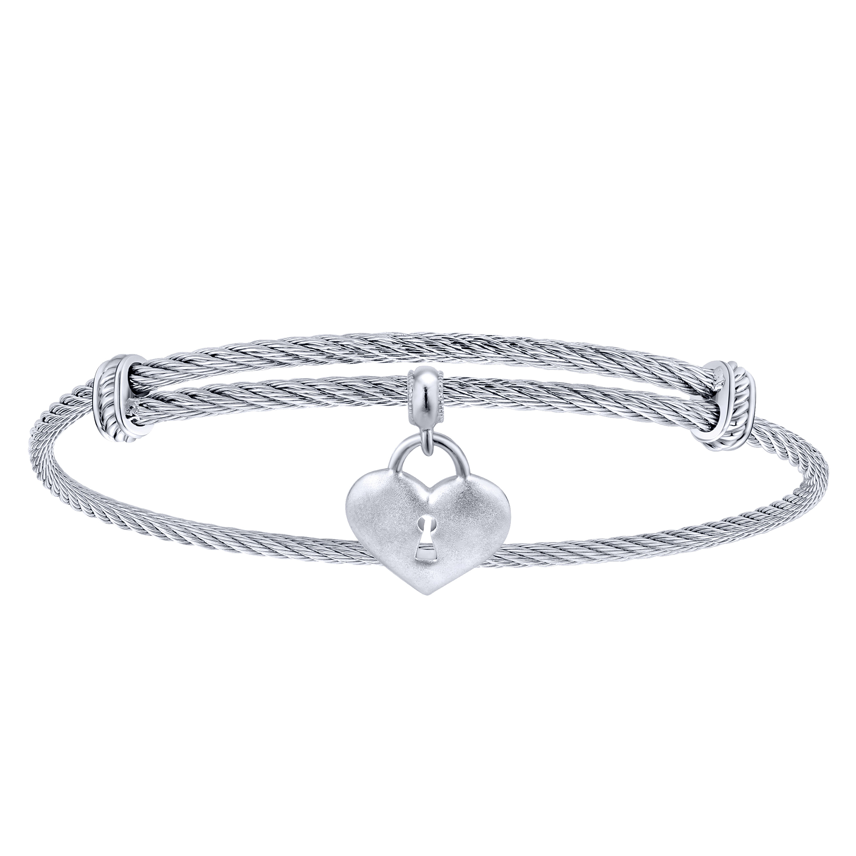 Adjustable Twisted Cable Stainless Steel Bangle with Sterling Silver Heart Lock Charm