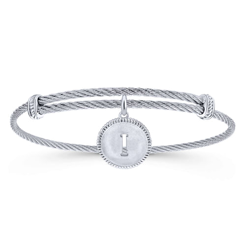 Adjustable Twisted Cable Stainless Steel Bangle with Sterling Silver I Initial Charm