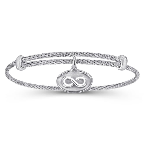 Adjustable Twisted Cable Stainless Steel Bangle with Sterling Silver Infinity Charm
