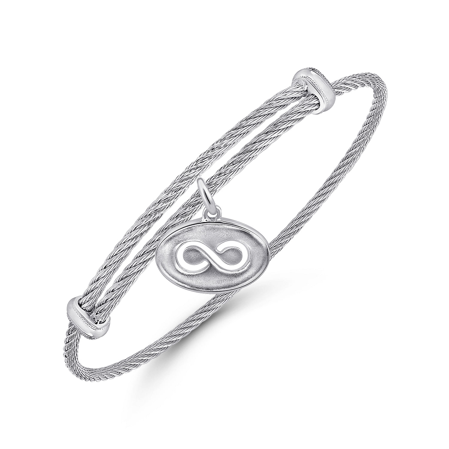 Adjustable Twisted Cable Stainless Steel Bangle with Sterling Silver Infinity Charm