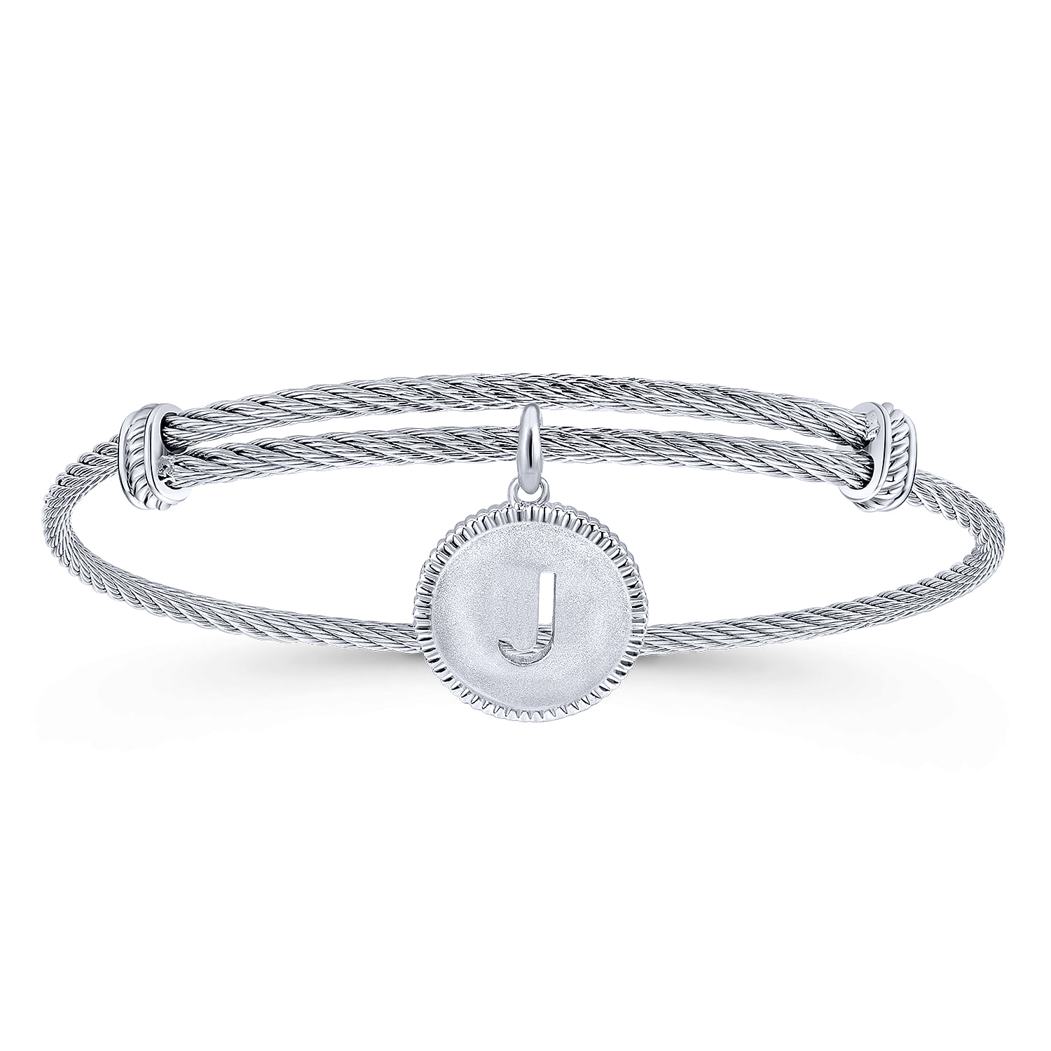 Adjustable Twisted Cable Stainless Steel Bangle with Sterling Silver J Initial Charm