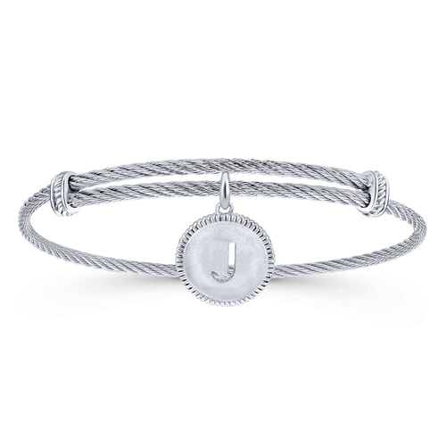 Adjustable Twisted Cable Stainless Steel Bangle with Sterling Silver J Initial Charm