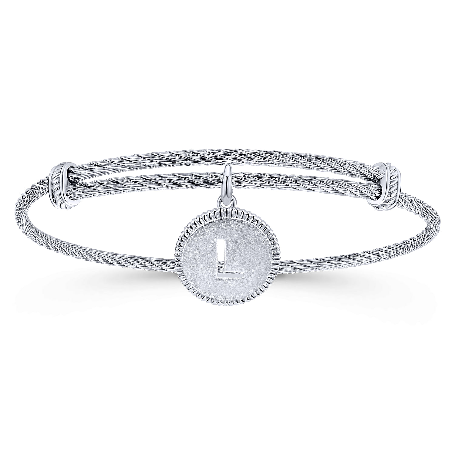 Adjustable Twisted Cable Stainless Steel Bangle with Sterling Silver L Initial Charm