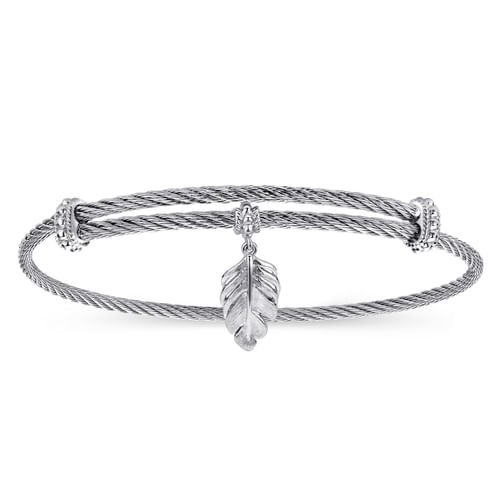 Adjustable Twisted Cable Stainless Steel Bangle with Sterling Silver Leaf Charm