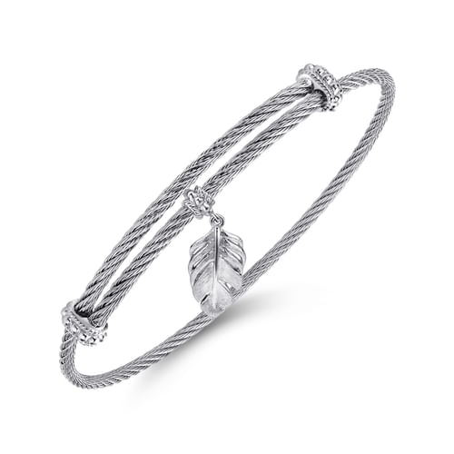 Adjustable Twisted Cable Stainless Steel Bangle with Sterling Silver Leaf Charm
