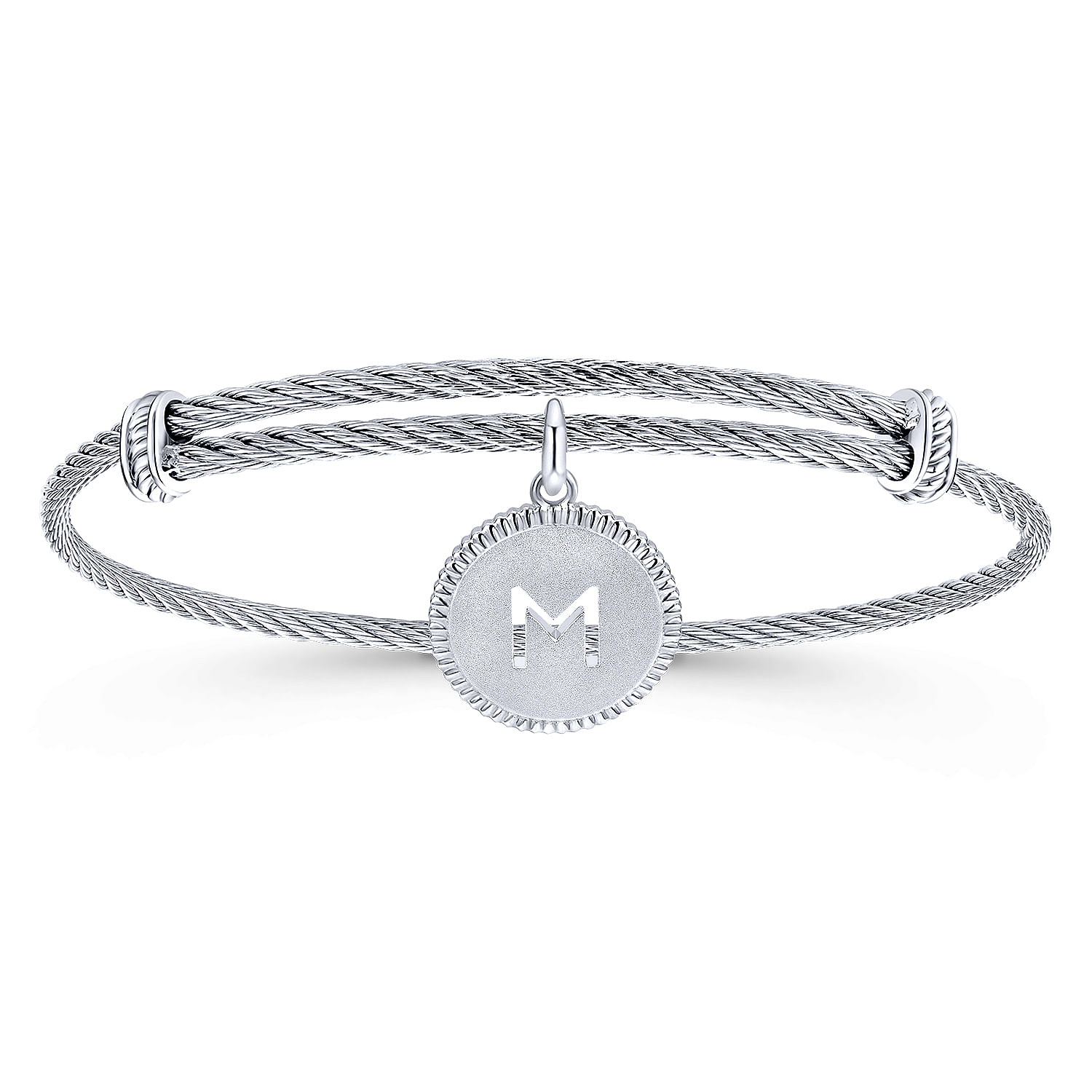 Adjustable Twisted Cable Stainless Steel Bangle with Sterling Silver M Initial Charm