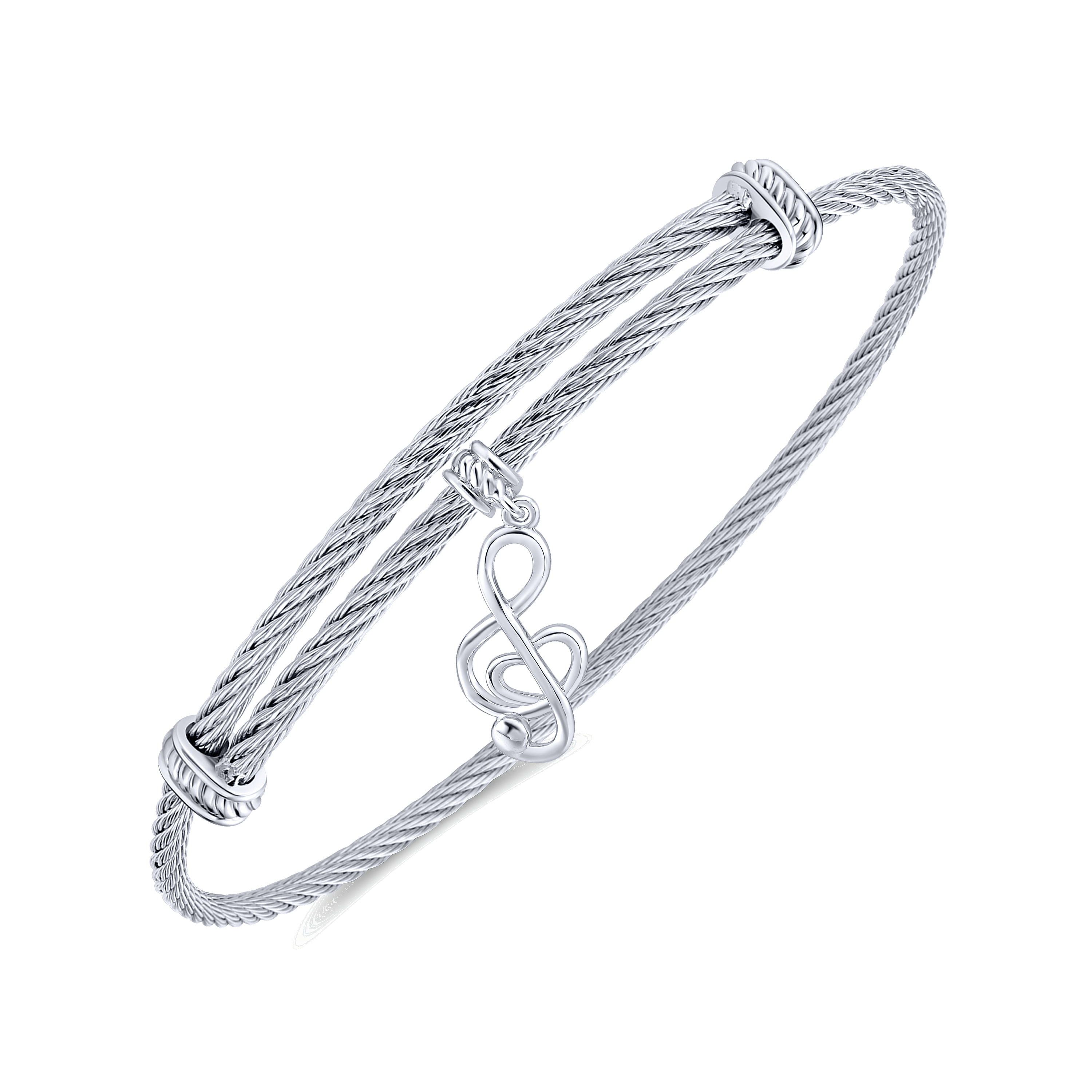 Adjustable Twisted Cable Stainless Steel Bangle with Sterling Silver Music Note Charm