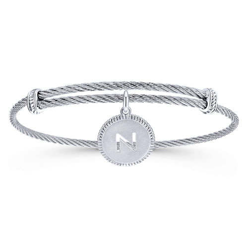 Adjustable Twisted Cable Stainless Steel Bangle with Sterling Silver N Initial Charm