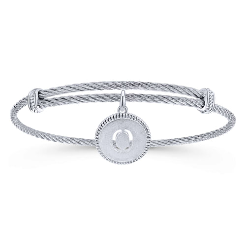 Adjustable Twisted Cable Stainless Steel Bangle with Sterling Silver O Initial Charm