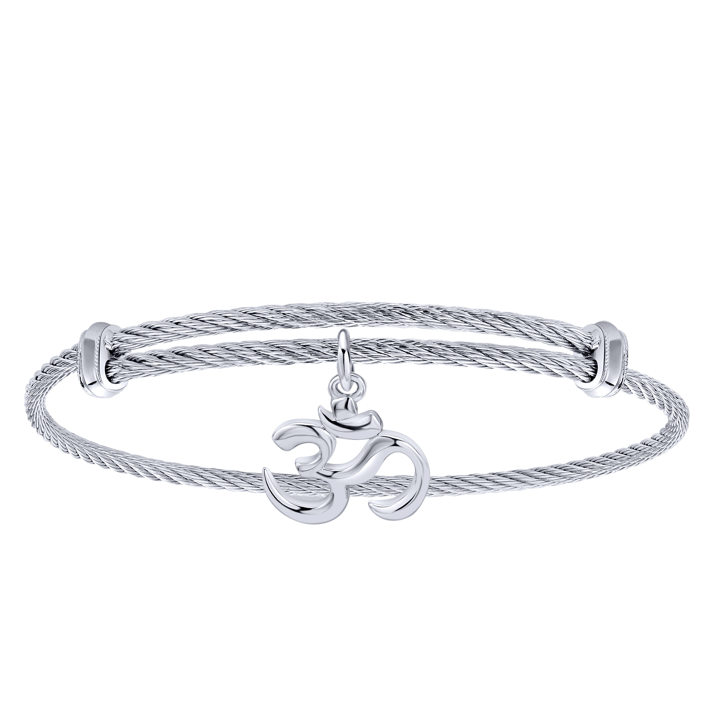 Adjustable Twisted Cable Stainless Steel Bangle with Sterling Silver Ohm Charm