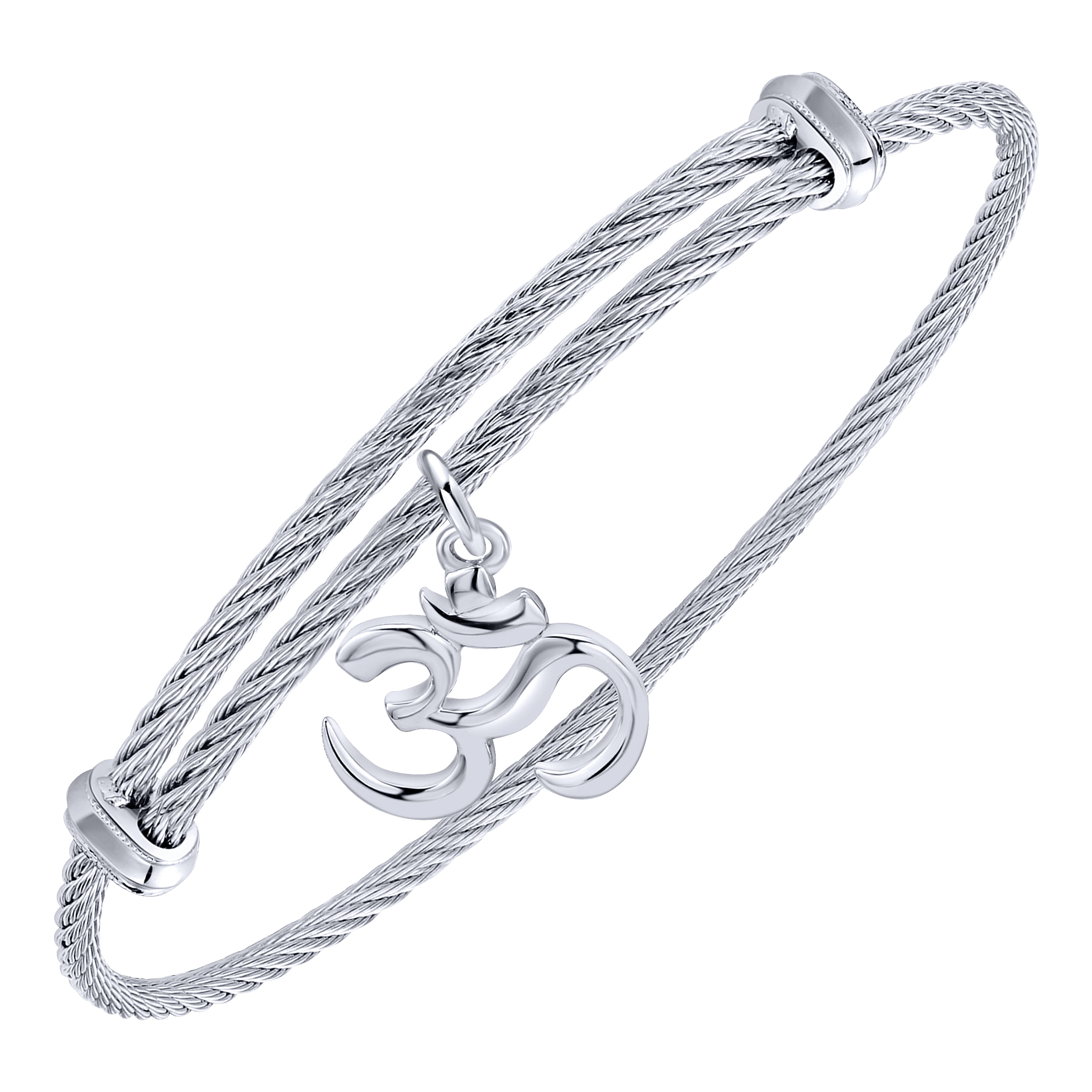 Adjustable Twisted Cable Stainless Steel Bangle with Sterling Silver Ohm Charm
