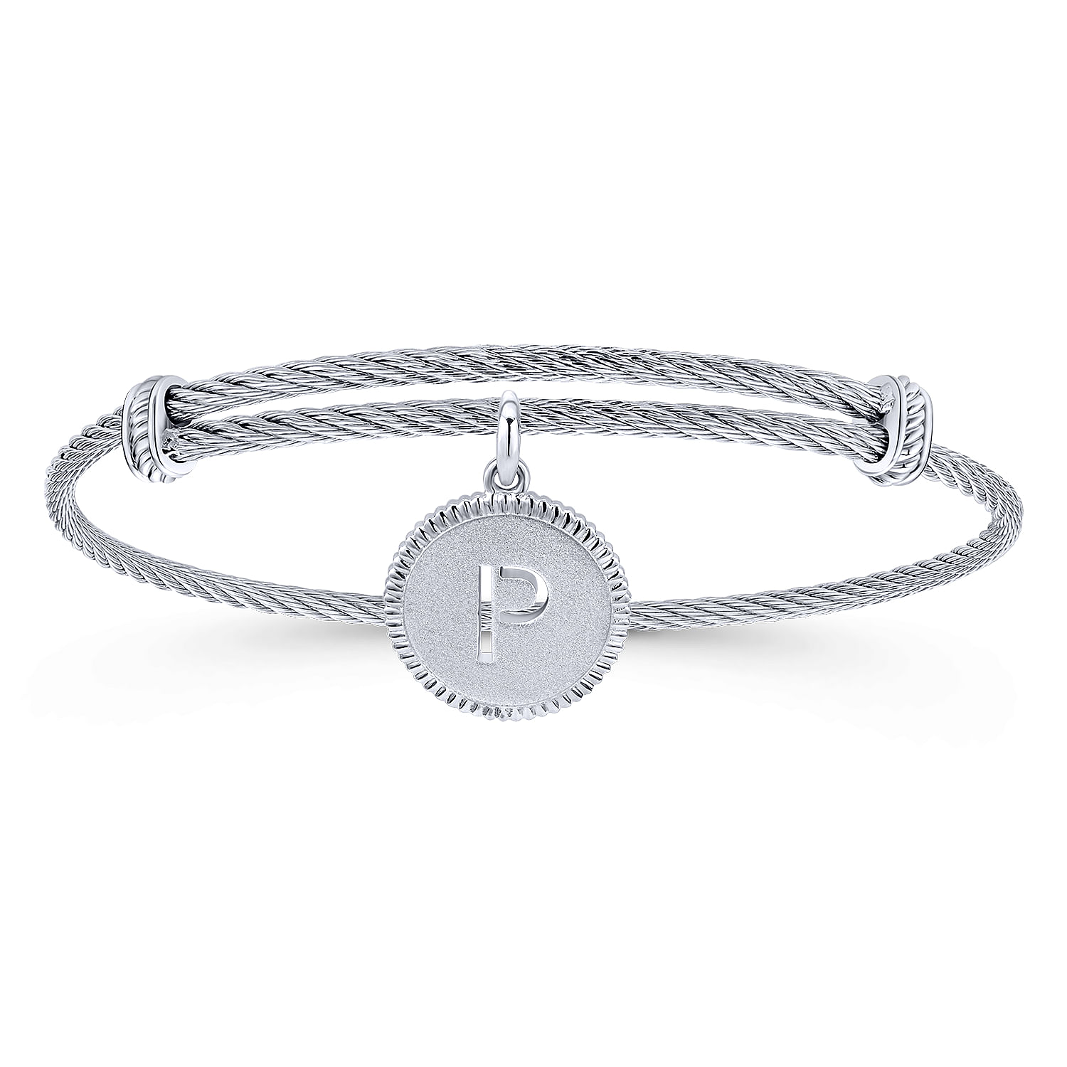 Adjustable Twisted Cable Stainless Steel Bangle with Sterling Silver P Initial Charm