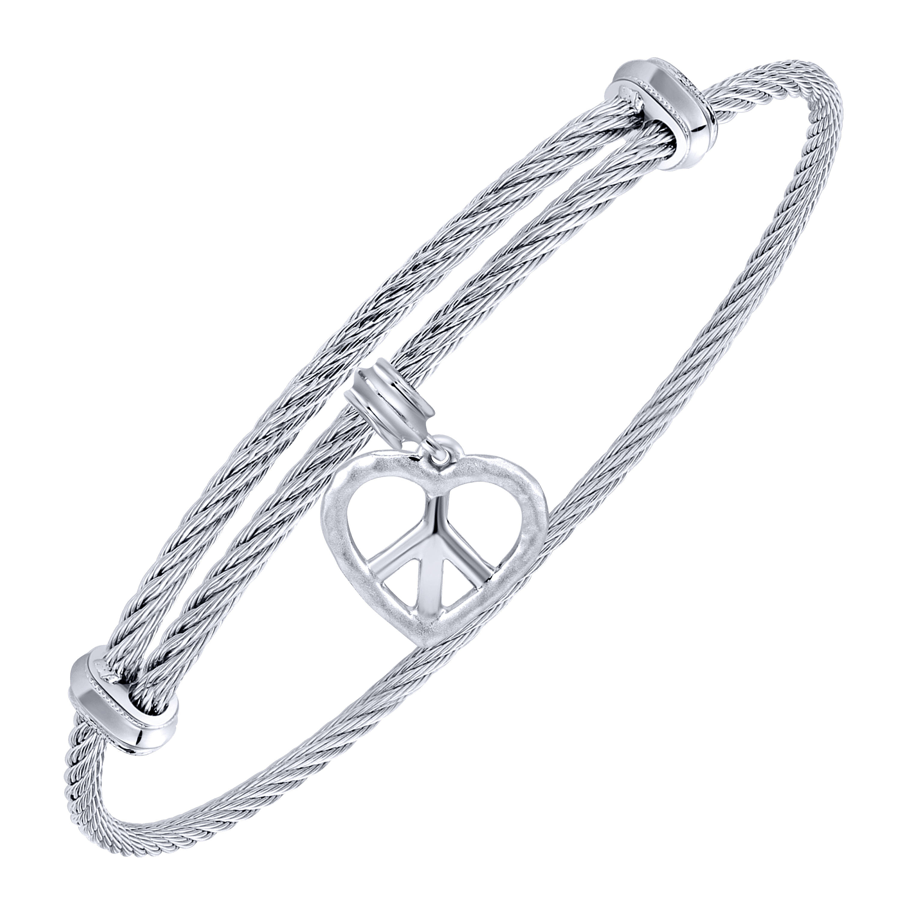 Adjustable Twisted Cable Stainless Steel Bangle with Sterling Silver Peace Heart Charm