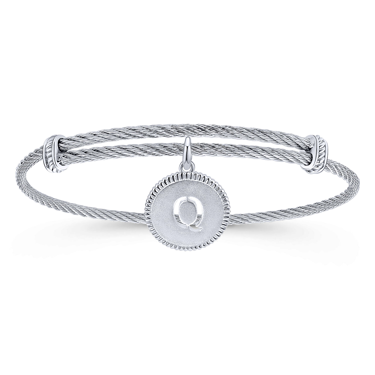 Adjustable Twisted Cable Stainless Steel Bangle with Sterling Silver Q Initial Charm