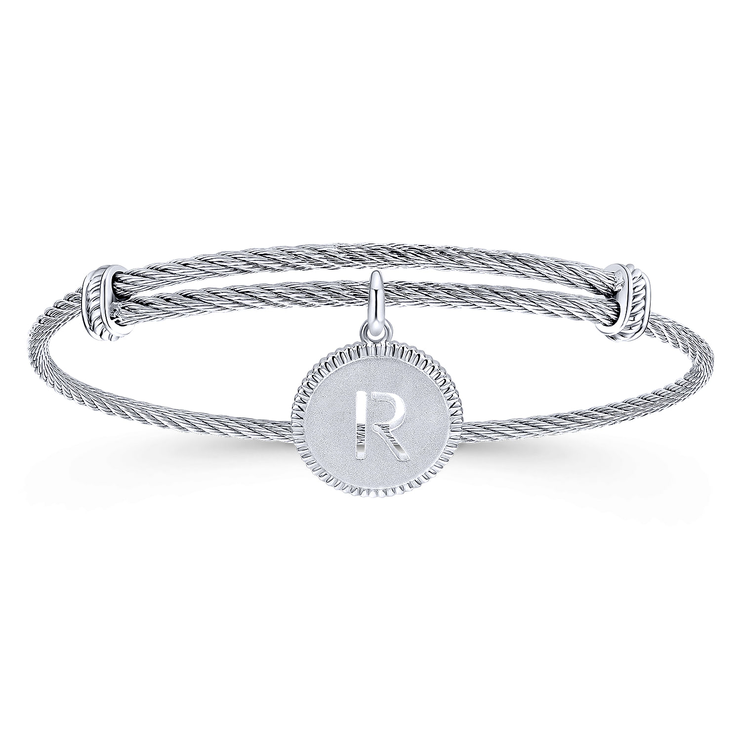Adjustable Twisted Cable Stainless Steel Bangle with Sterling Silver R Initial Charm
