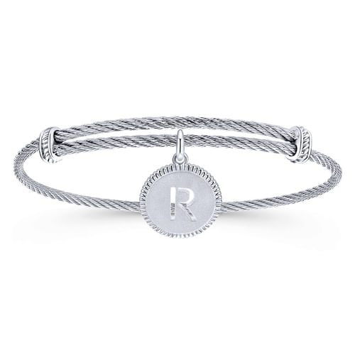 Adjustable Twisted Cable Stainless Steel Bangle with Sterling Silver R Initial Charm