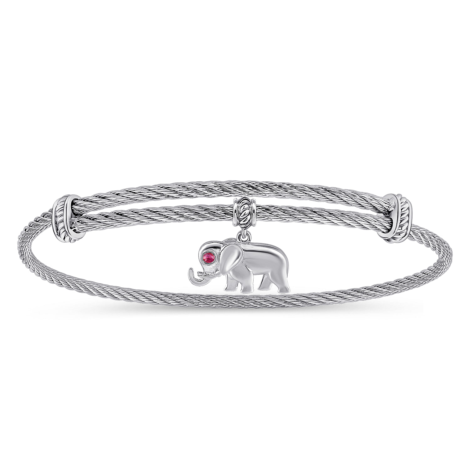 Adjustable Twisted Cable Stainless Steel Bangle with Sterling Silver Ruby Elephant Charm