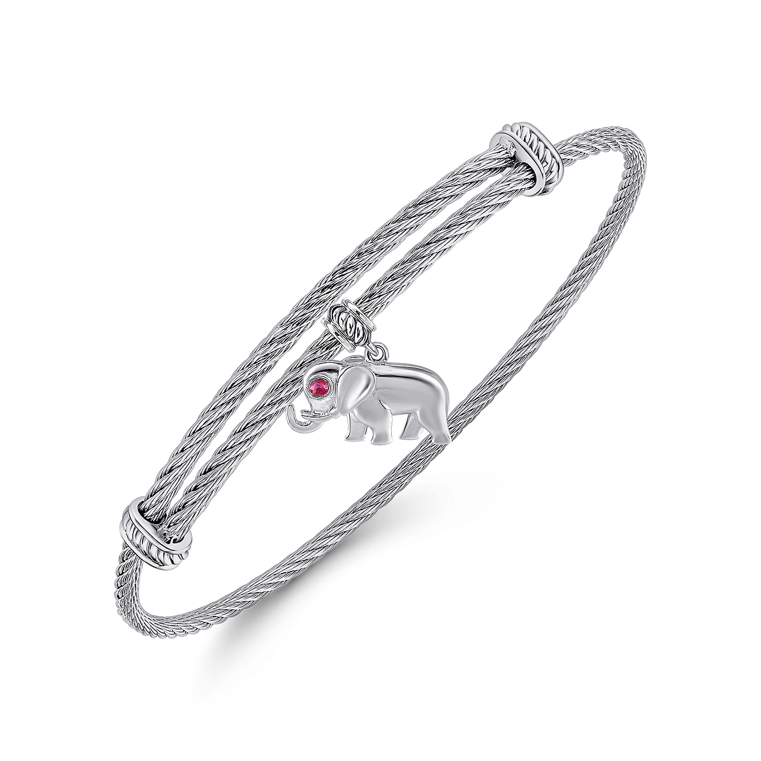 Adjustable Twisted Cable Stainless Steel Bangle with Sterling Silver Ruby Elephant Charm