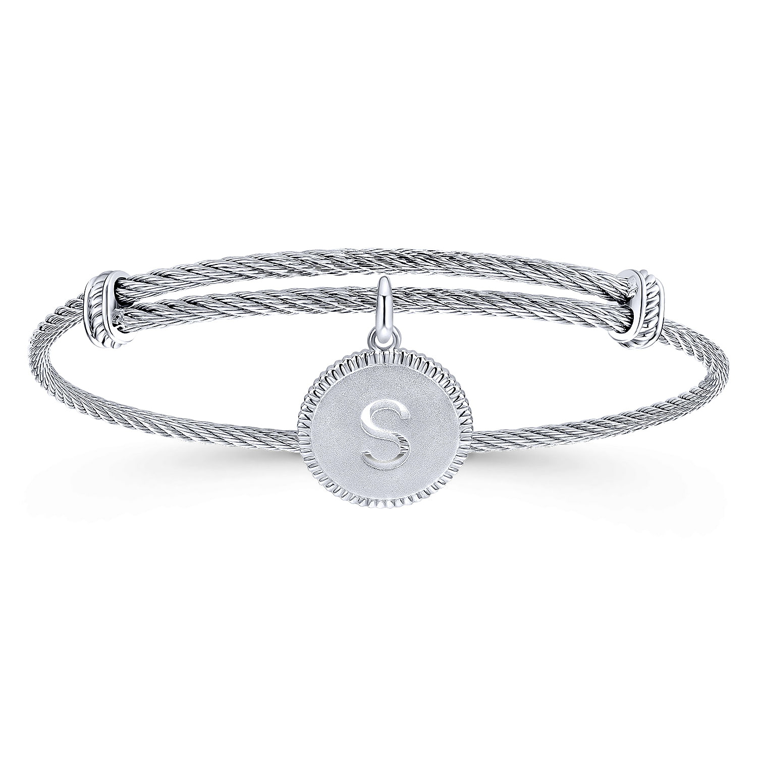 Adjustable Twisted Cable Stainless Steel Bangle with Sterling Silver S Initial Charm