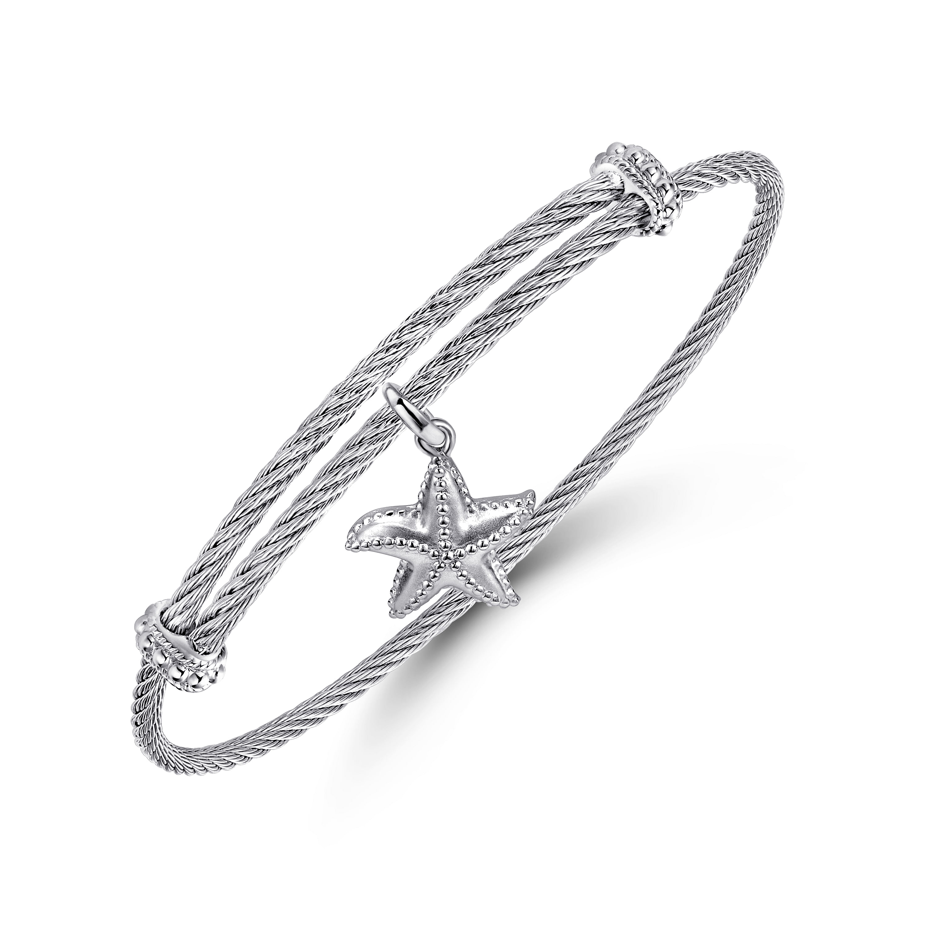 Adjustable Twisted Cable Stainless Steel Bangle with Sterling Silver Starfish Charm