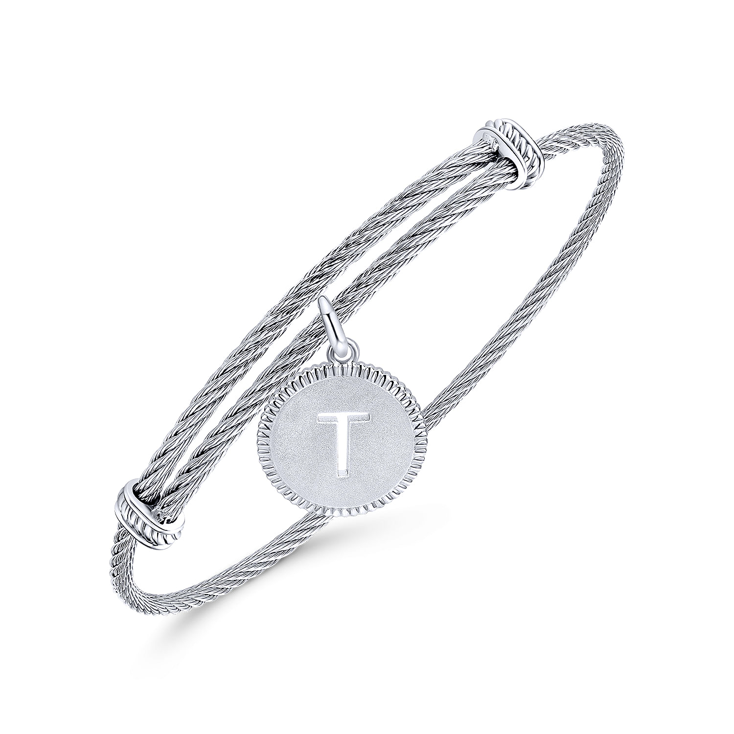 Adjustable Twisted Cable Stainless Steel Bangle with Sterling Silver T Initial Charm