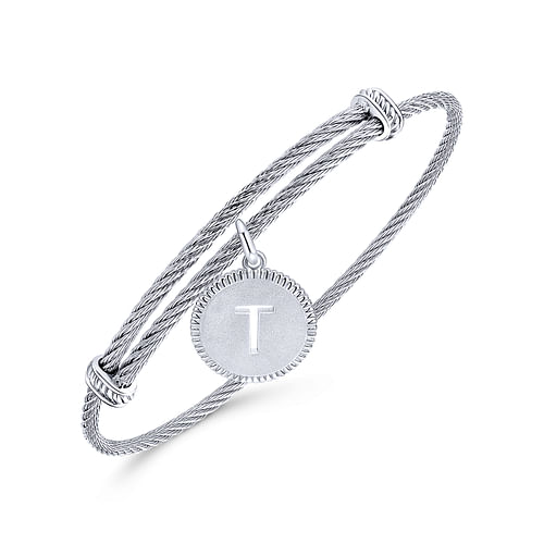 Adjustable Twisted Cable Stainless Steel Bangle with Sterling Silver T Initial Charm