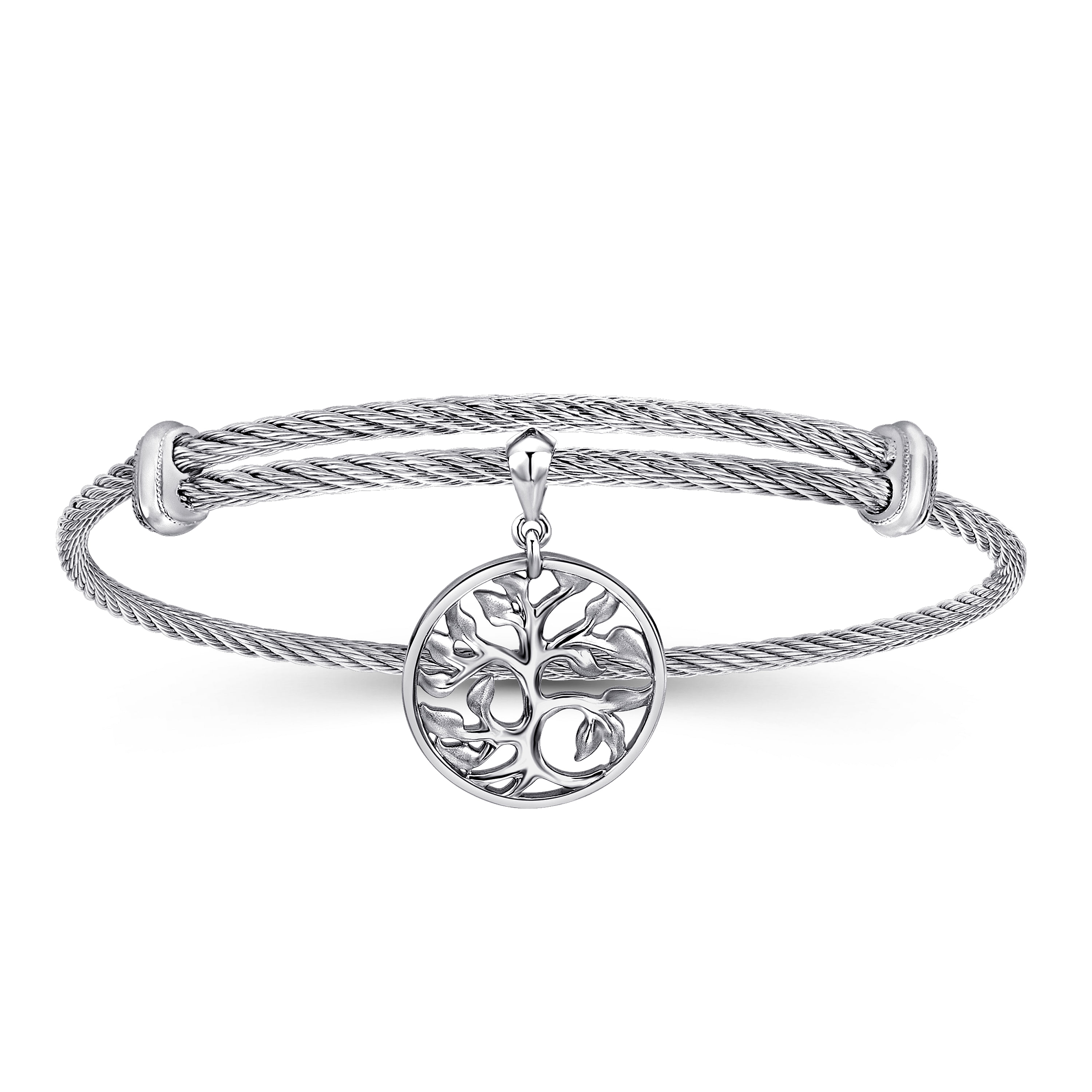Adjustable Twisted Cable Stainless Steel Bangle with Sterling Silver Tree of Life Charm