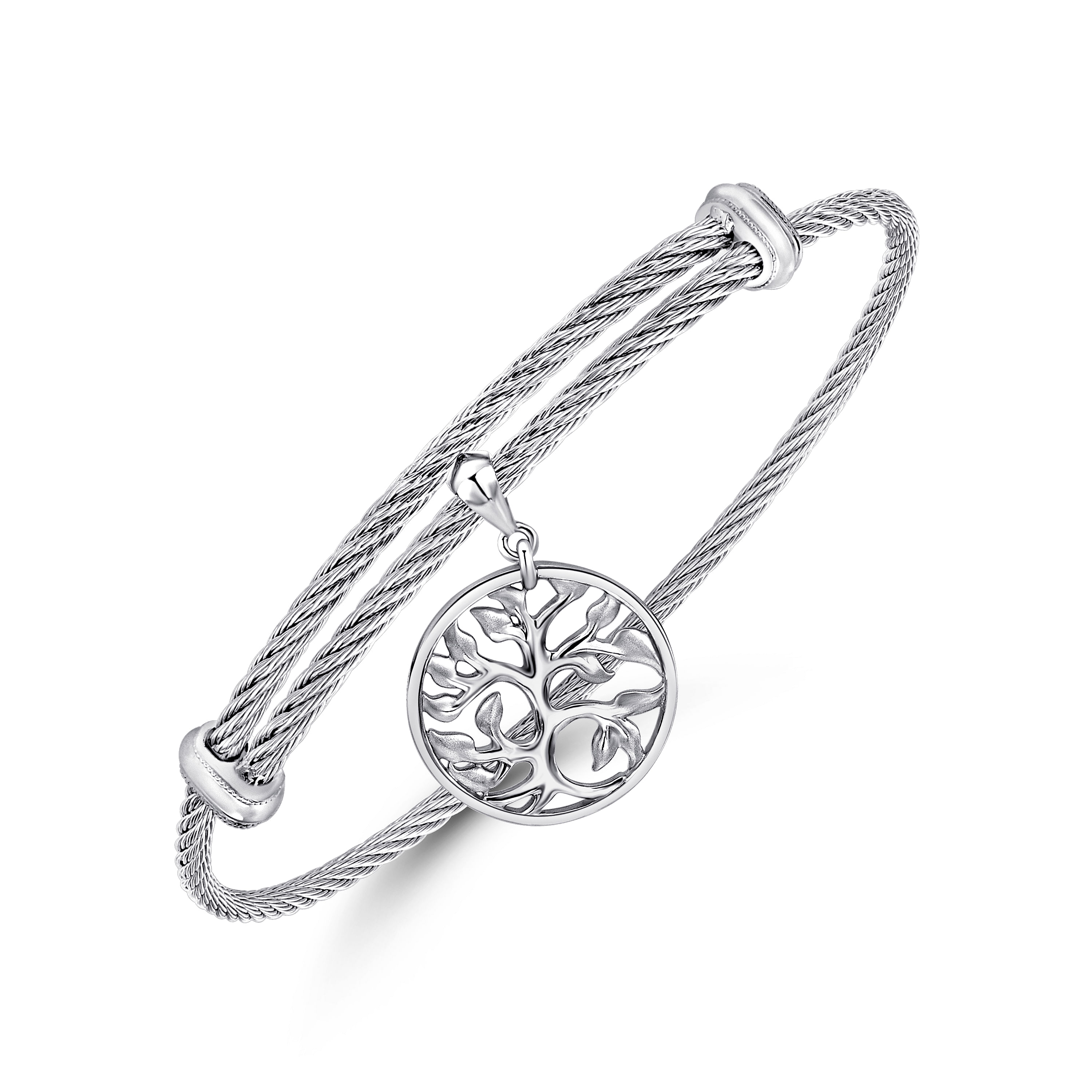 Adjustable Twisted Cable Stainless Steel Bangle with Sterling Silver Tree of Life Charm
