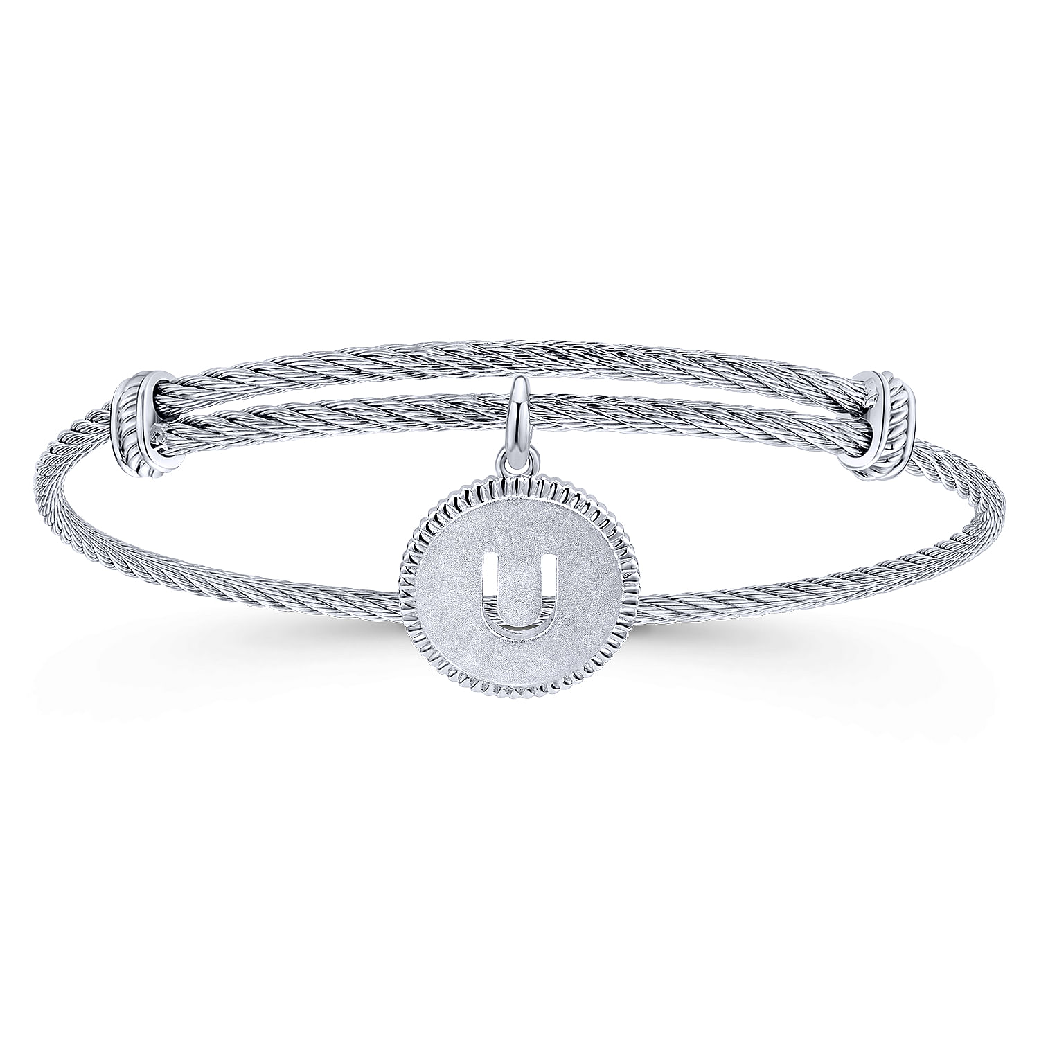 Adjustable Twisted Cable Stainless Steel Bangle with Sterling Silver U Initial Charm