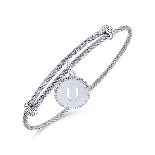 Adjustable Twisted Cable Stainless Steel Bangle with Sterling Silver U Initial Charm