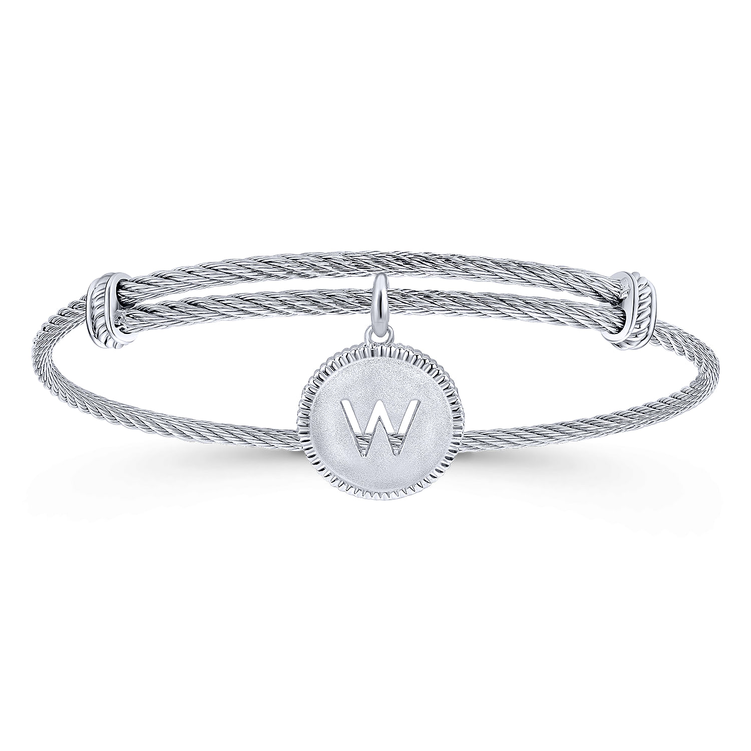 Adjustable Twisted Cable Stainless Steel Bangle with Sterling Silver W Initial Charm