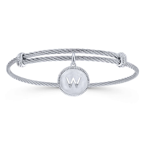 Adjustable Twisted Cable Stainless Steel Bangle with Sterling Silver W Initial Charm