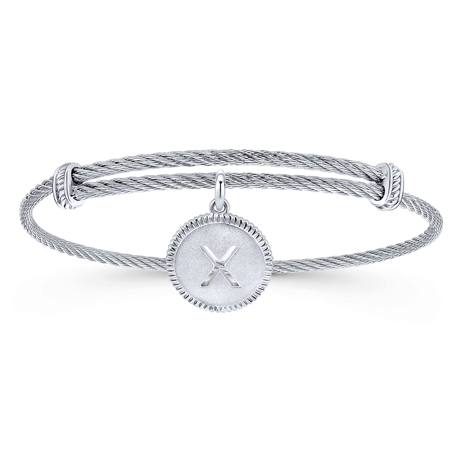 Adjustable Twisted Cable Stainless Steel Bangle with Sterling Silver X Initial Charm