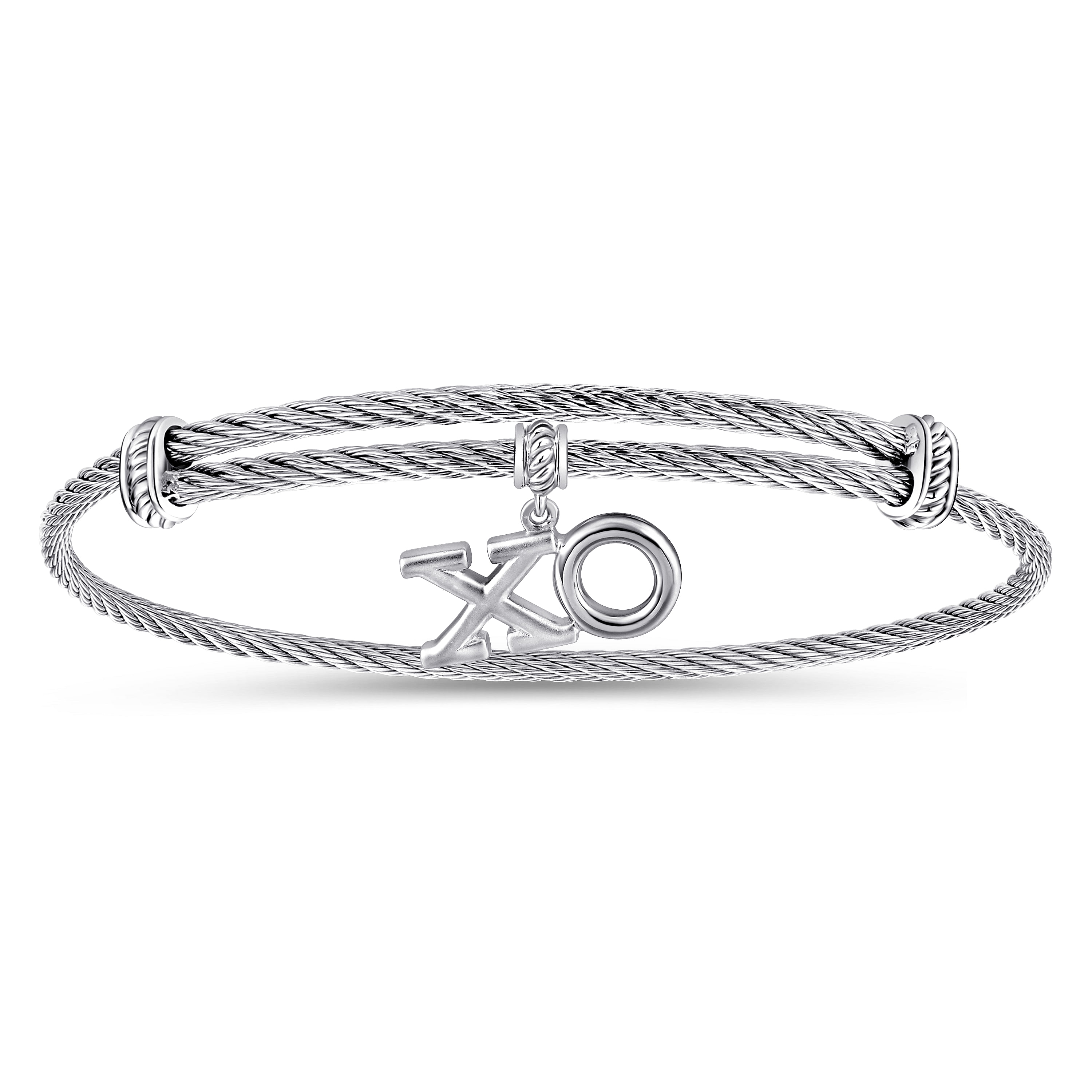 Adjustable Twisted Cable Stainless Steel Bangle with Sterling Silver XO Charm