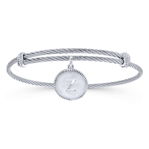 Adjustable Twisted Cable Stainless Steel Bangle with Sterling Silver Z Initial Charm