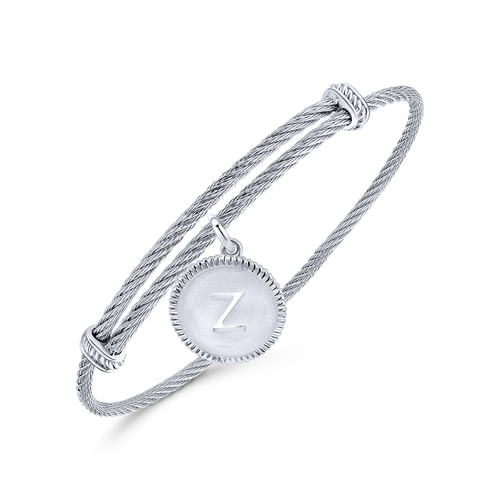 Adjustable Twisted Cable Stainless Steel Bangle with Sterling Silver Z Initial Charm